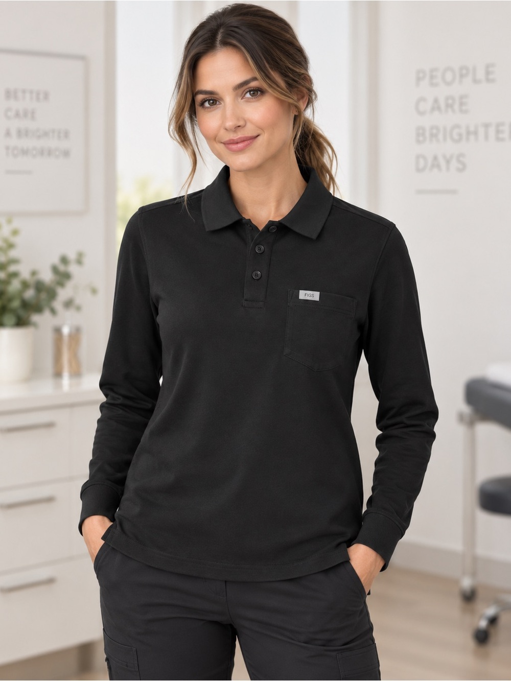 Figs Women's Long-Sleeve Polo Top in Black